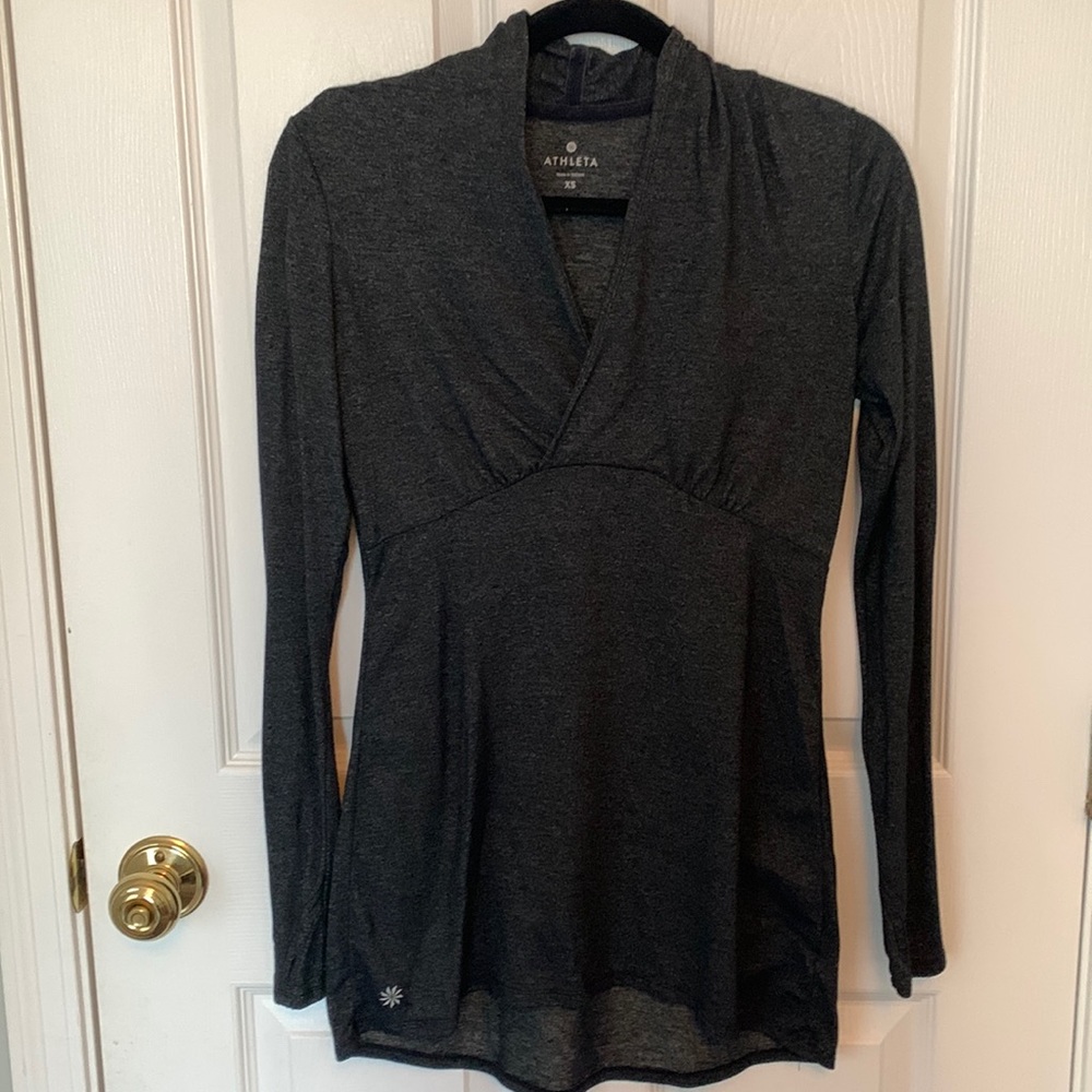 Athleta Heathers Charcoal Gray Long Sleeve Tunic Fauxwrap Top Shirt Sz XS